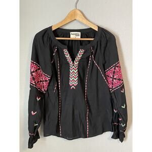 Savanna Jane Womens Top Medium Black Abstract Embroidered Y Neck Aztec Artsy